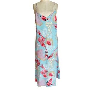 VTG M Natori Multicolor Floral Butterfly Thin Bias Cut Floral Slip Maxi Dress